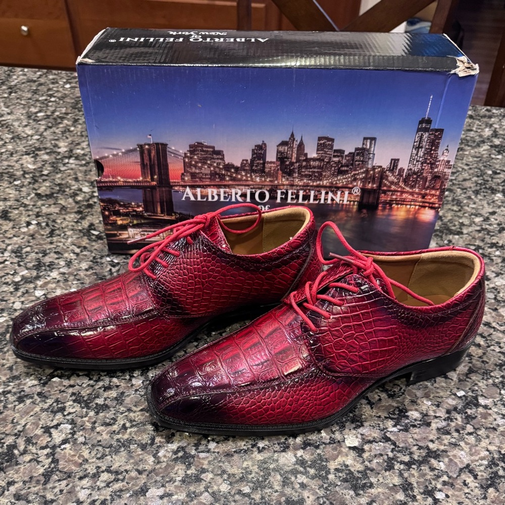 Alberto Fellini Faux Alligator Leather Oxford Mens 8.5 Red Dress Shoe Rockabilly - Picture 3 of 13